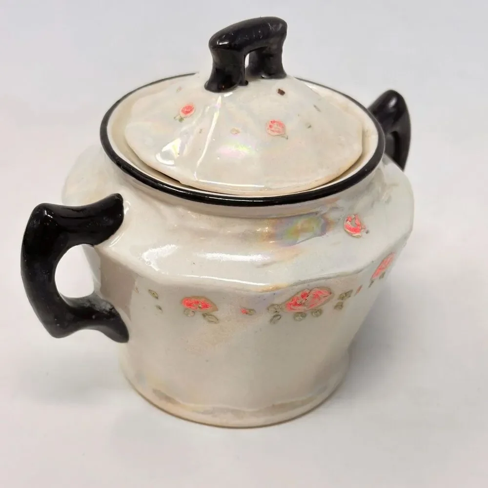 Vintage Victoria Czechoslovakia Lusterware Sugar Bowl and Creamer Black Trim